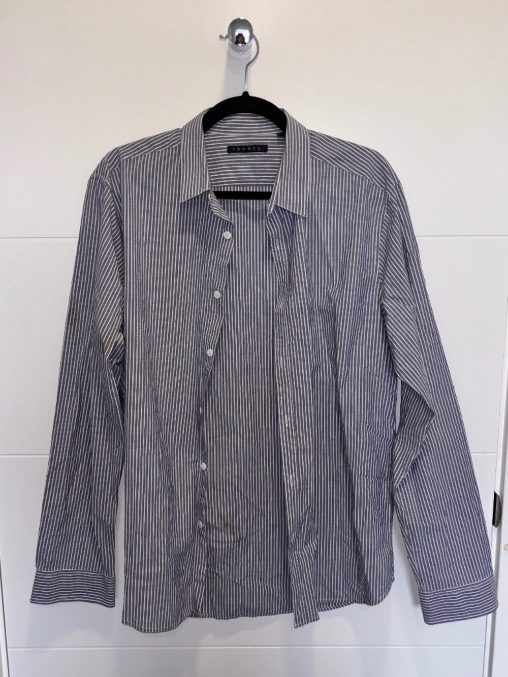 Theory Women’s Blue White Striped Button Down Shirt Size L